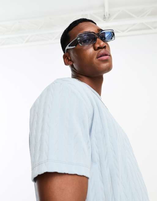 ASOS DESIGN – Lässig geschnittenes T-Shirt aus strukturiertem Frottee in Blau gestreift