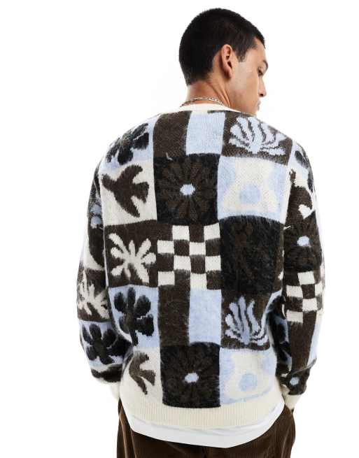 ASOS DESIGN – Lässiger, flauschiger Strickpullover in Blau mit durchgehendem Print, 3 von 4