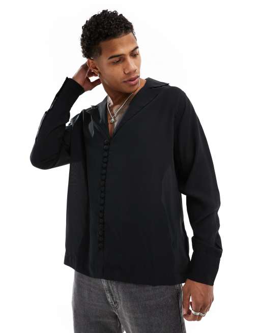 ASOS DESIGN – Lässiges Hemd in Schwarz mit Reverskragen und Knopfdetail