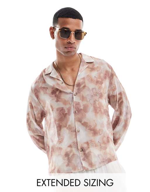 ASOS DESIGN – Lässiges Hemd mit kastigem Schnitt mit Foto-Blumenprint in neutralen Farben und Reverskragen