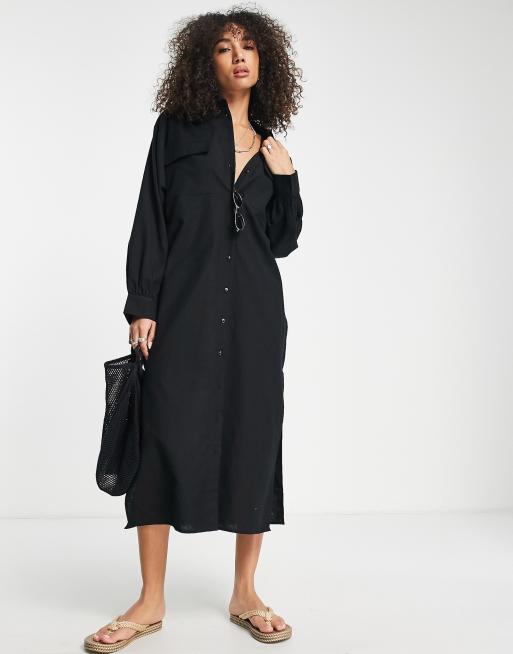 ASOS DESIGN – Lässiges Maxi-Hemdkleid aus Leinen in Schwarz, 4 von 4