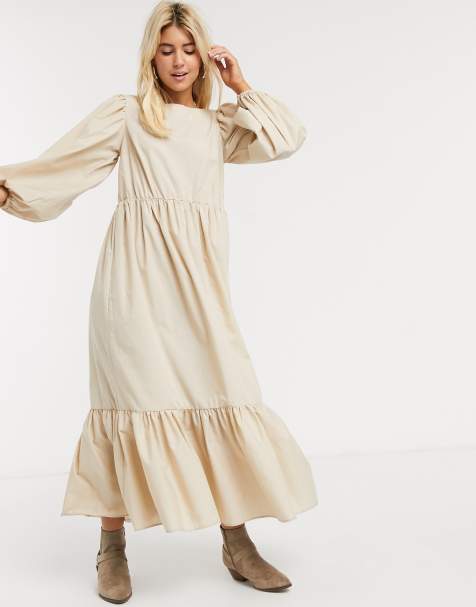 ASOS DESIGN – Lässiges Maxikleid aus Baumwolle mit Puffärmeln, in Stone
