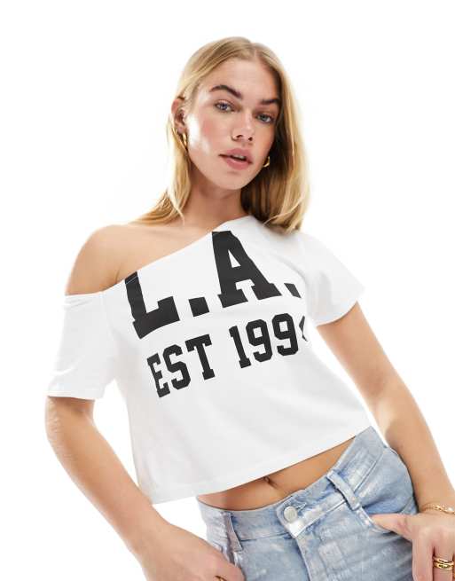 ASOS DESIGN – Lässiges One-Shoulder-Oberteil in Elfenbein mit Grafik