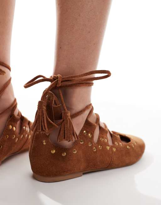 ASOS DESIGN Lasso boho ghillie tie ballet flats in tan suede