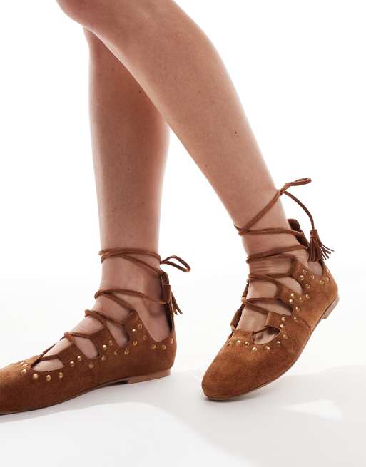 ASOS DESIGN Lasso boho ghillie tie ballet flats in tan suede