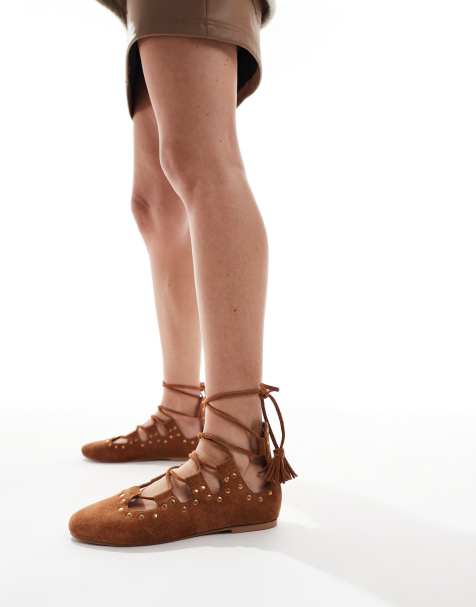 ASOS DESIGN Lasso boho ghillie tie ballets in tan suede - view 1