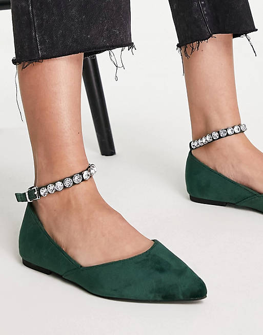 Shoes Flat Shoes/Latasha pointed ballet flats with ankle strap in green velvet 