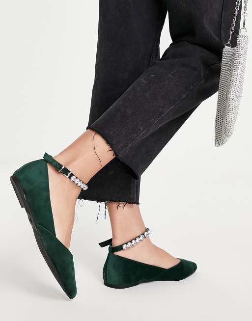 ASOS DESIGN Latasha pointed ballet flats with ankle strap in green velvet