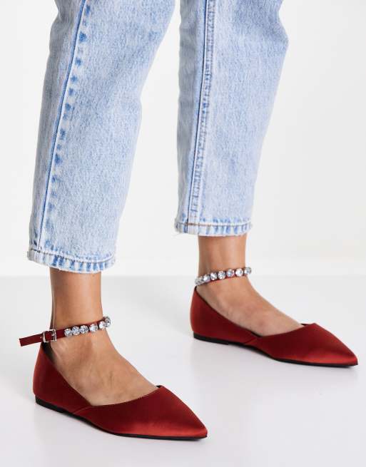 ASOS DESIGN – Latasha – Rdzawe satynowe balerinki z noskami w szpic i paskiem na kostce