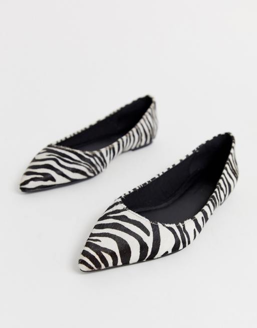 ASOS DESIGN Latch pointed leather ballet flats in zebra pony | ASOS