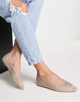 ASOS DESIGN Latenight embellished pointed ballet flats in beige mesh