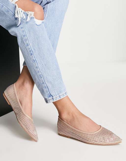 ASOS DESIGN Latenight Spitze Ballerinas mit Netzstoff in Beige und Verzierung ASOS