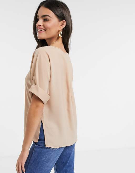 ASOS DESIGN - Lattefarvet oversized vævet t-shirt med oprullede ærmer, 2 af 4