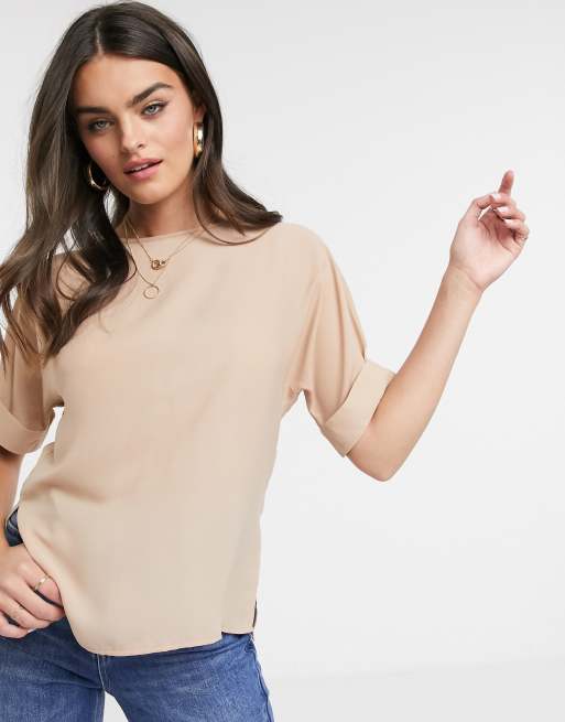 ASOS DESIGN - Lattefarvet oversized vævet t-shirt med oprullede ærmer, 4 af 4