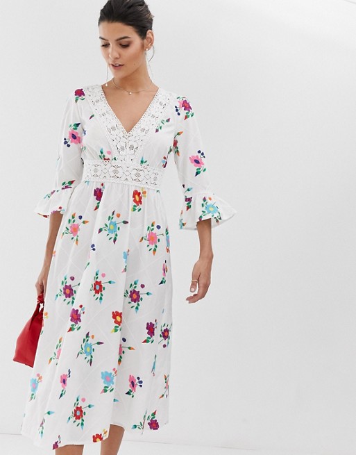 ASOS DESIGN lattice back embroidered midi dress with fluted sleeve