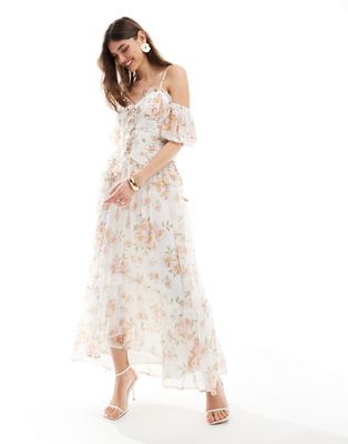 ASOS DESIGN lattice bodice bardot sleeve frill midi dress in floral print