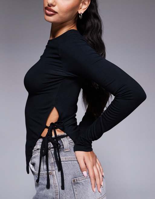 ASOS DESIGN lattice side long sleeve asymmetric top in black, 3 of 4