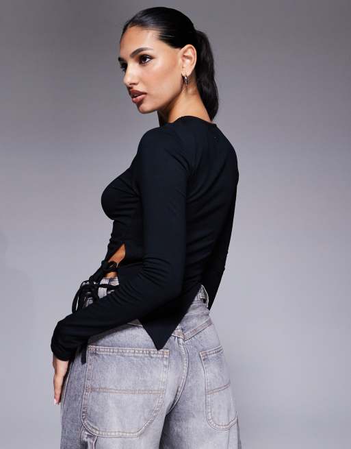 ASOS DESIGN lattice side long sleeve asymmetric top in black, 4 of 4