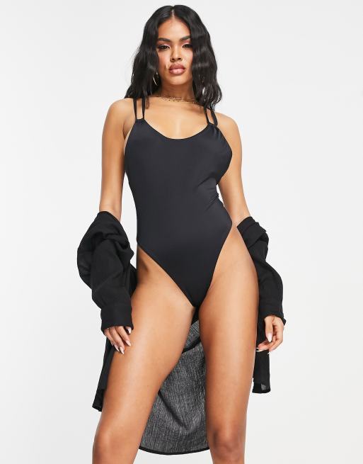 ASOS DESIGN lattice strap swimsuit with high leg in black | ASOS