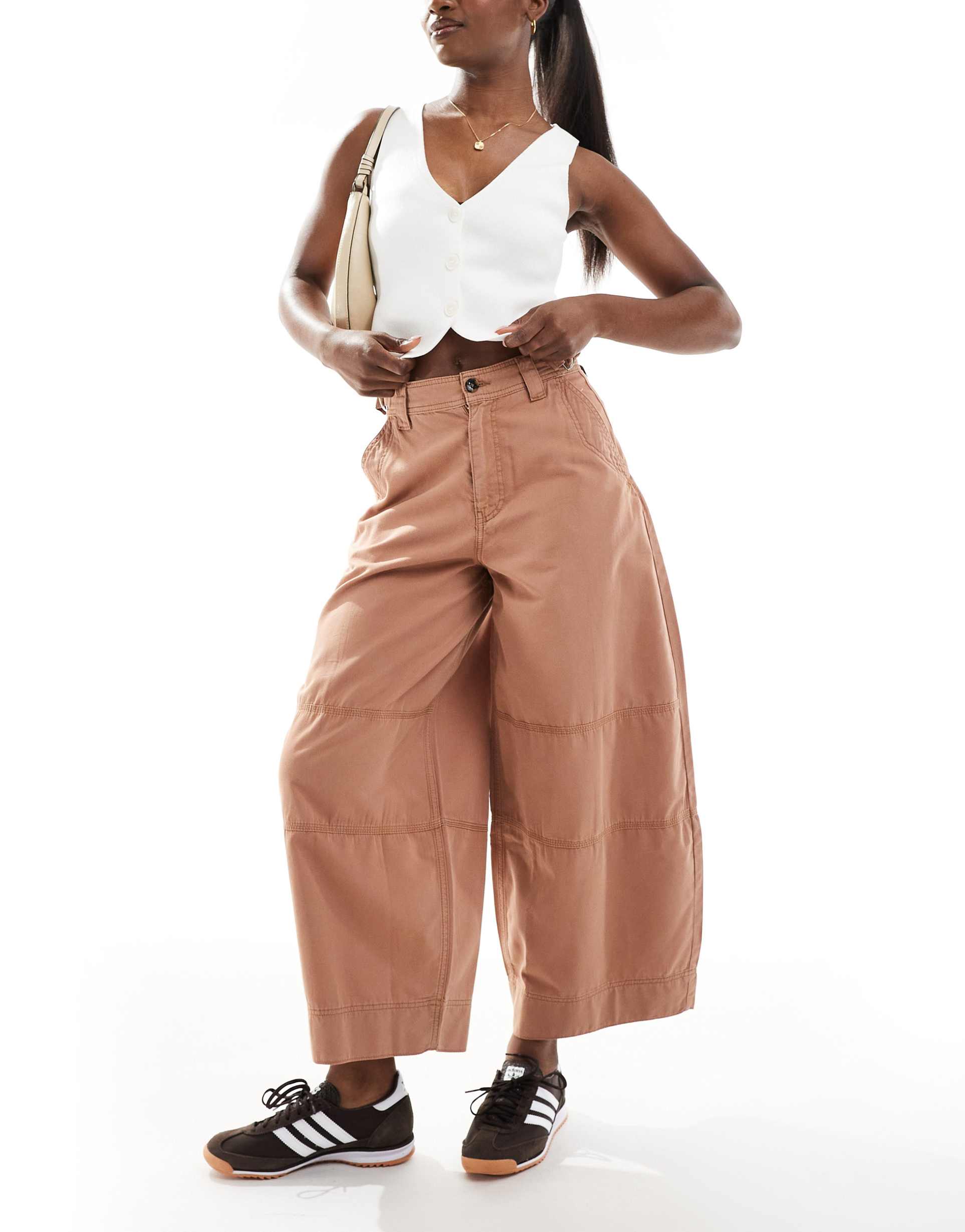 asos design laundered barrel leg pants with tab details in rust