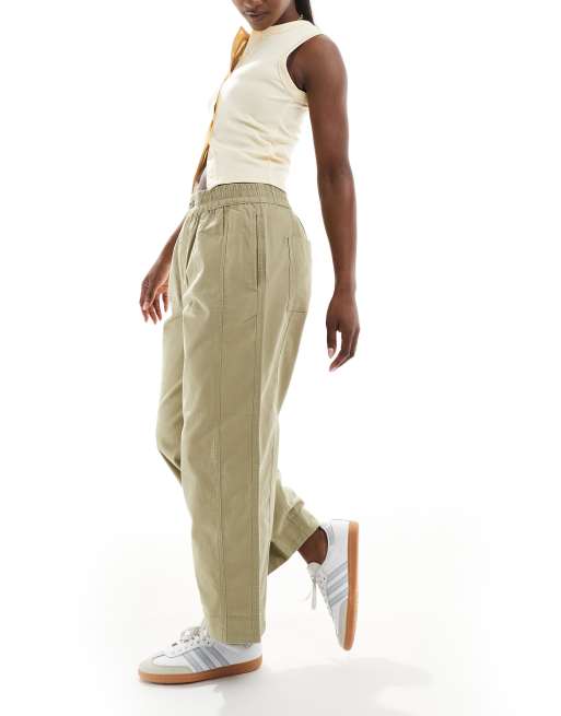 ASOS DESIGN laundered barrel leg pull on pants in khaki green, 2 of 5