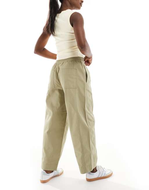 ASOS DESIGN laundered barrel leg pull on pants in khaki green, 3 of 5