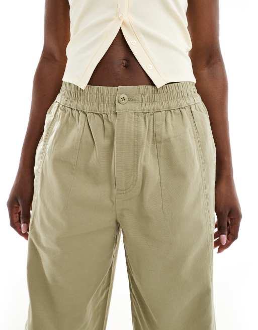 ASOS DESIGN laundered barrel leg pull on pants in khaki green, 5 of 5