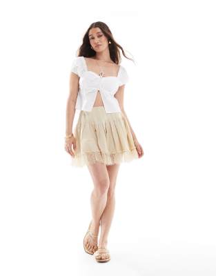 Asos Design Laundered Mini Skirt With Lace Hem In Neutral