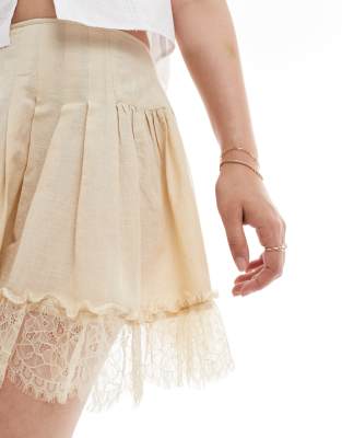 Asos Design Laundered Mini Skirt With Lace Hem In Neutral