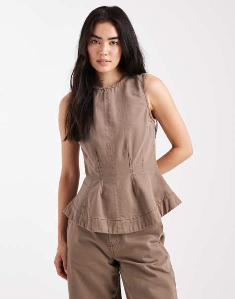 ASOS DESIGN laundered peplum top co-ord in taupe grey - view 1