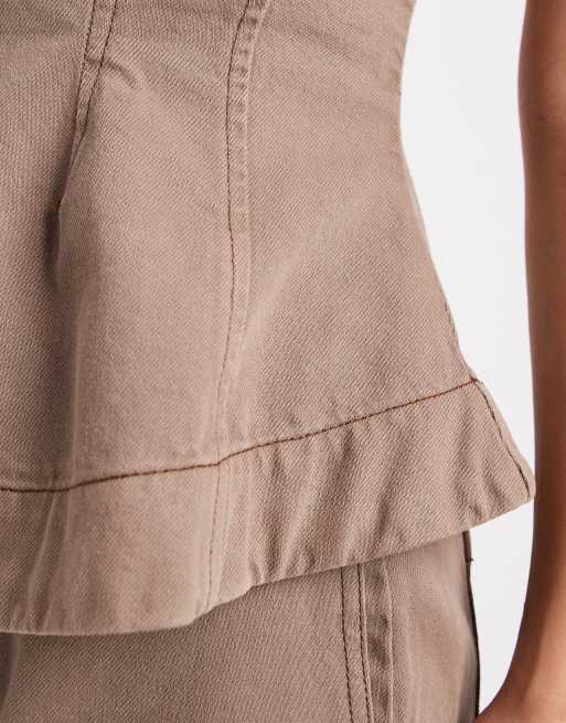 ASOS DESIGN laundered peplum top in taupe grey (part of a set), 3 of 4