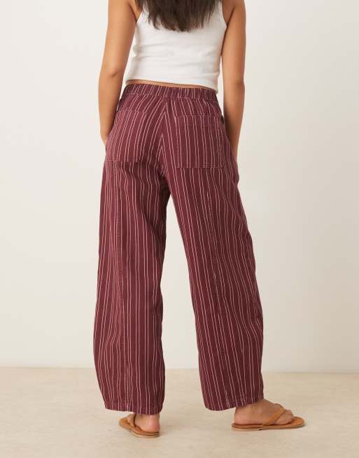 ASOS DESIGN laundered pull on barrel trousers in burgundy stripe