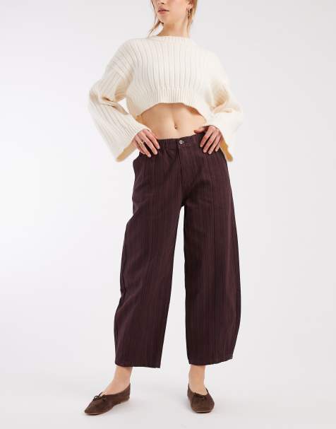 ASOS DESIGN laundered pull on barrel trouser in burgundy and navy stripe