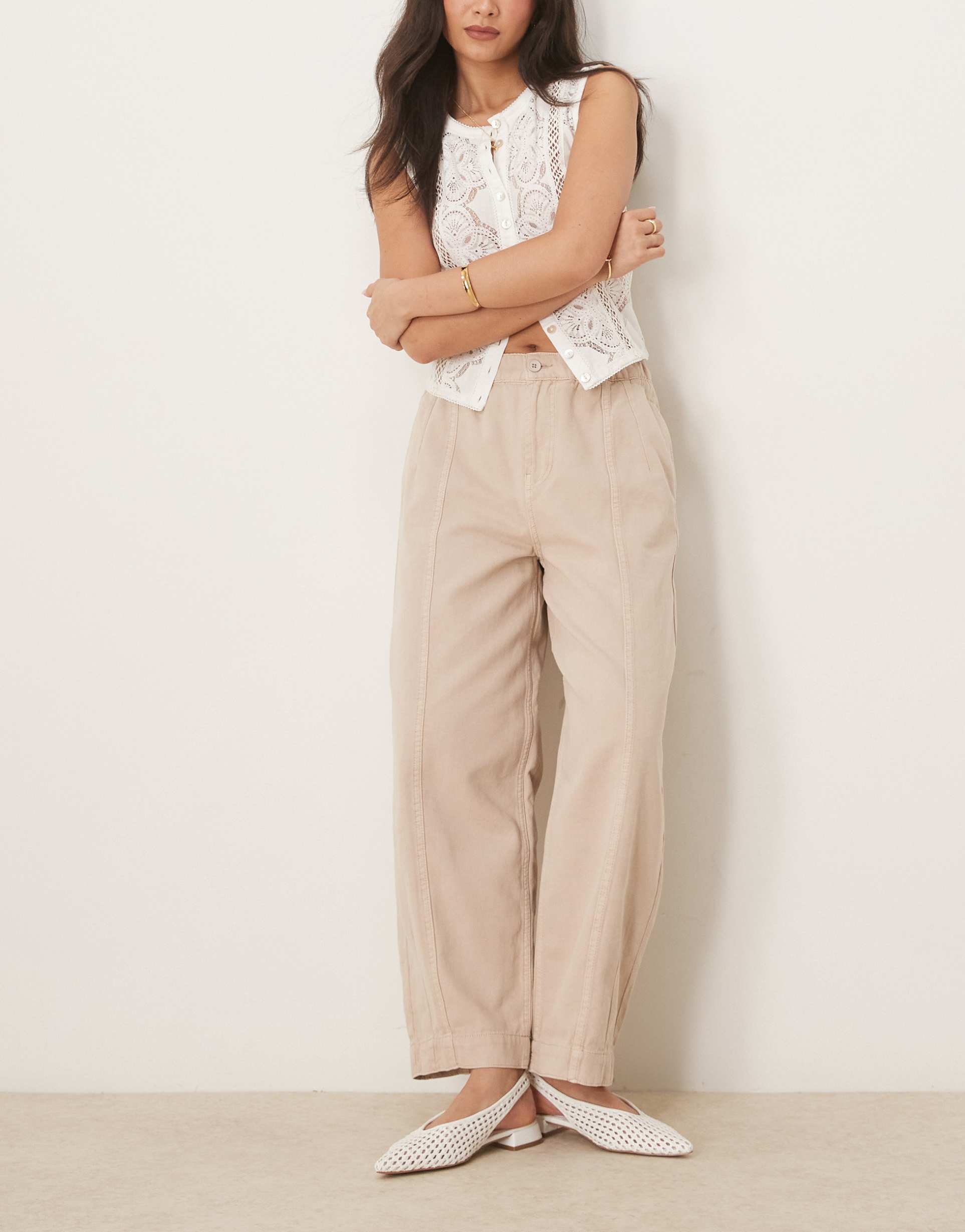 asos design laundered pull on pants with seam details in washed stone