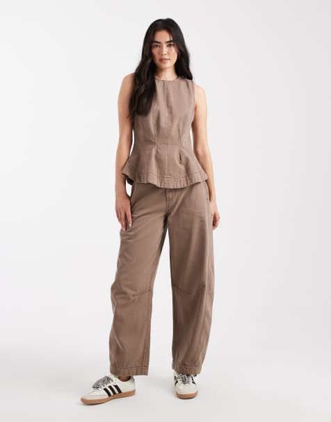 ASOS DESIGN laundered seamed barrel trousers with contrast stitch co-ord in taupe grey - view 1