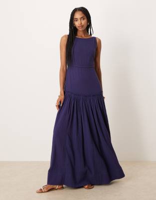 Asos Design Laundered Slash Neck Maxi Dress With Seaming Detail In Blue