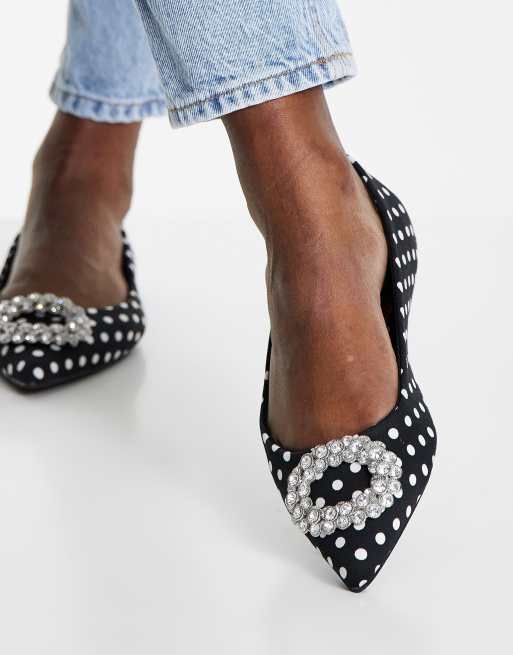 ASOS DESIGN Laura embellished pointed ballet flats in black polka