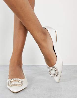 ASOS DESIGN Laura embellished pointed ballet flats in ivory satin