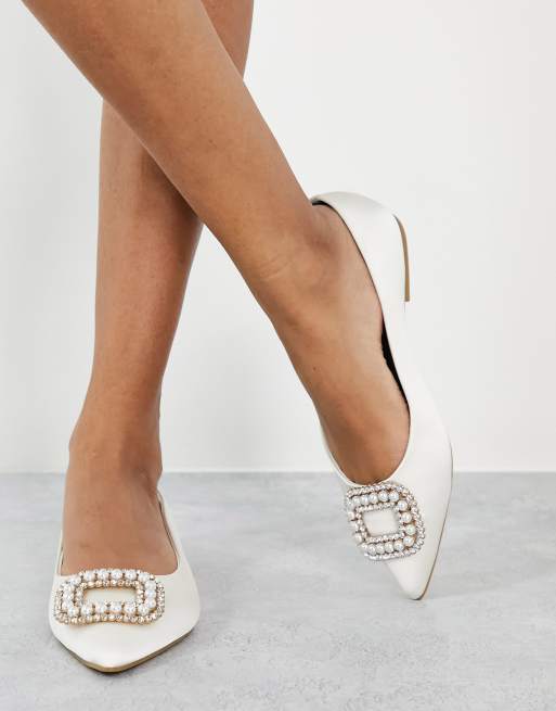 DESIGN Laura embellished pointed flats ivory satin | ASOS