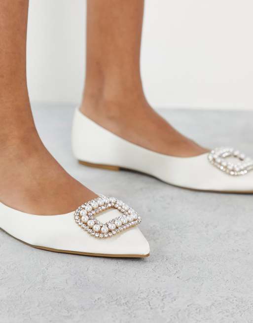 ASOS DESIGN Laura embellished pointed ballet flats in ivory satin