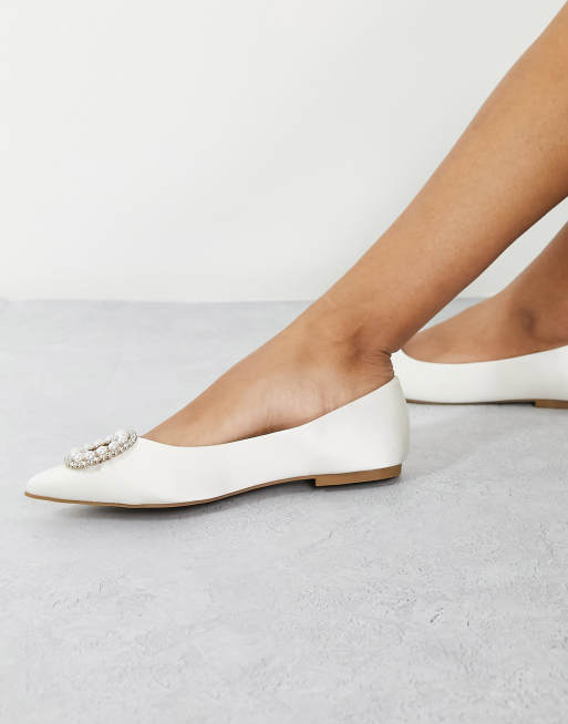 ASOS DESIGN Laura embellished pointed ballet flats in ivory satin