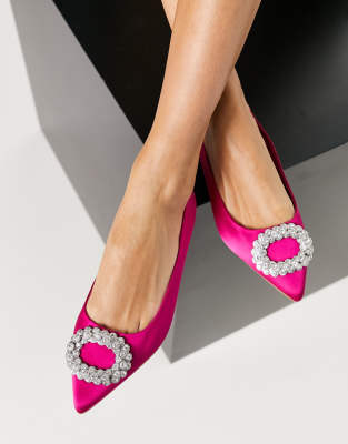Asos Design Laura Embellished Pointed Ballet Flats In Pink Satin In Pink