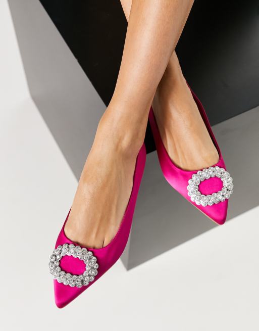 ASOS DESIGN Laura embellished pointed ballet flats in pink satin