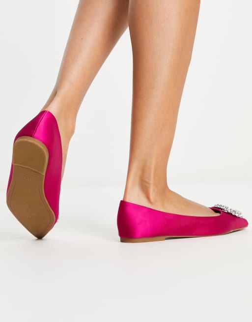 ASOS DESIGN Laura embellished pointed ballet flats in pink satin