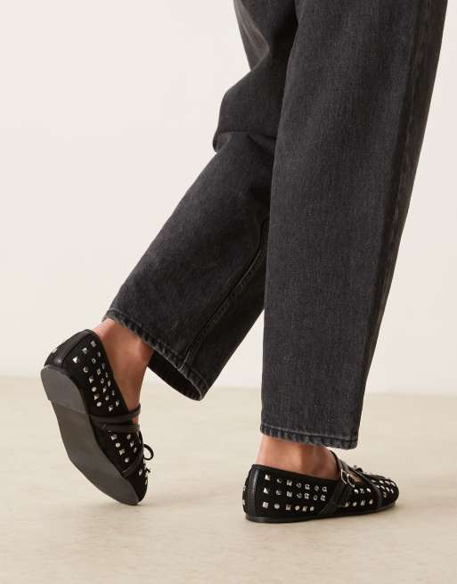 ASOS DESIGN Laurel studded mary-jane ballet flats in black suedette