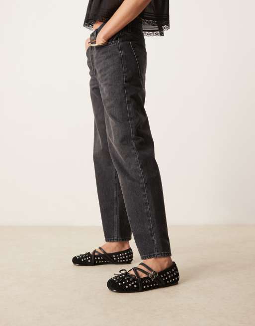 ASOS DESIGN – Laurel – Svarta ballerinaskor i mockaimitation och Mary Jane-stil med nitar, 3 av 4