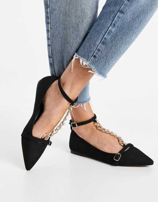 ASOS DESIGN Lauren T-bar chain pointed ballet flats in black | ASOS