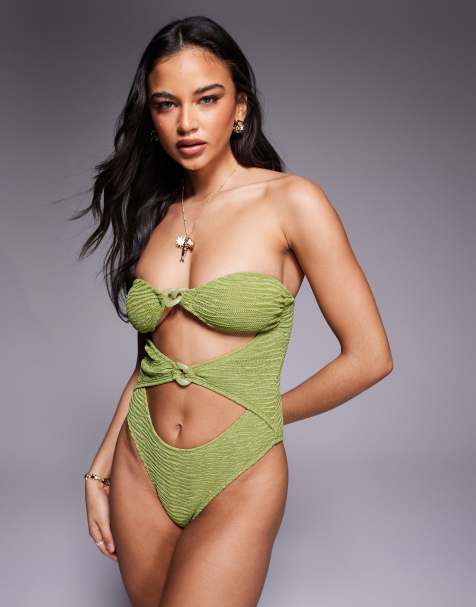 ASOS DESIGN - Laurie - Costume da bagno a fascia lime intrecciato davanti con catena - view 1