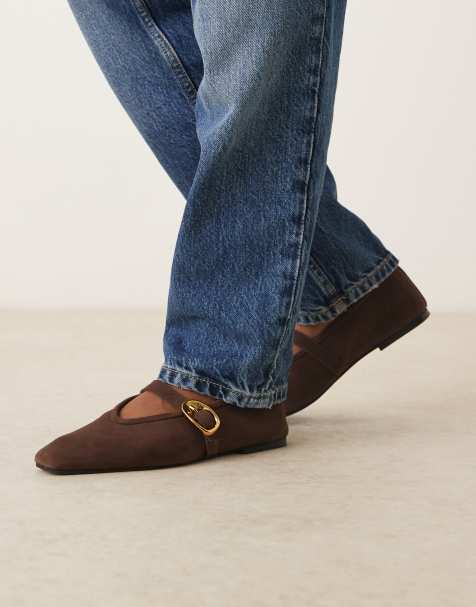 ASOS DESIGN Lava premium chisel toe mary jane ballet flats in chocolate suede - view 1