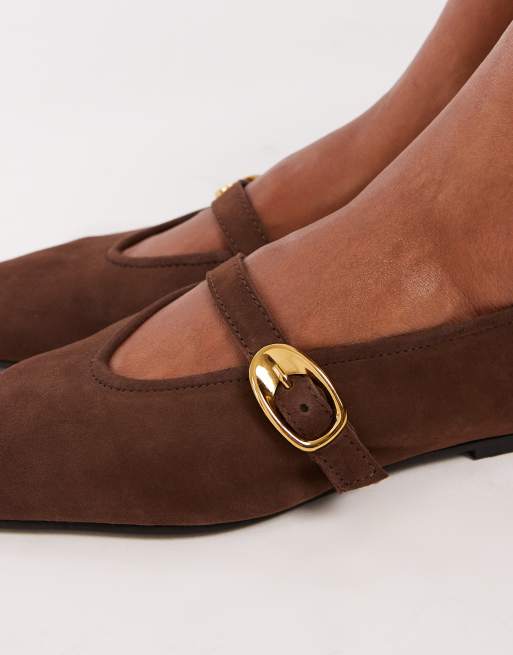 ASOS DESIGN Lava premium chisel toe mary jane ballet flats in chocolate suede